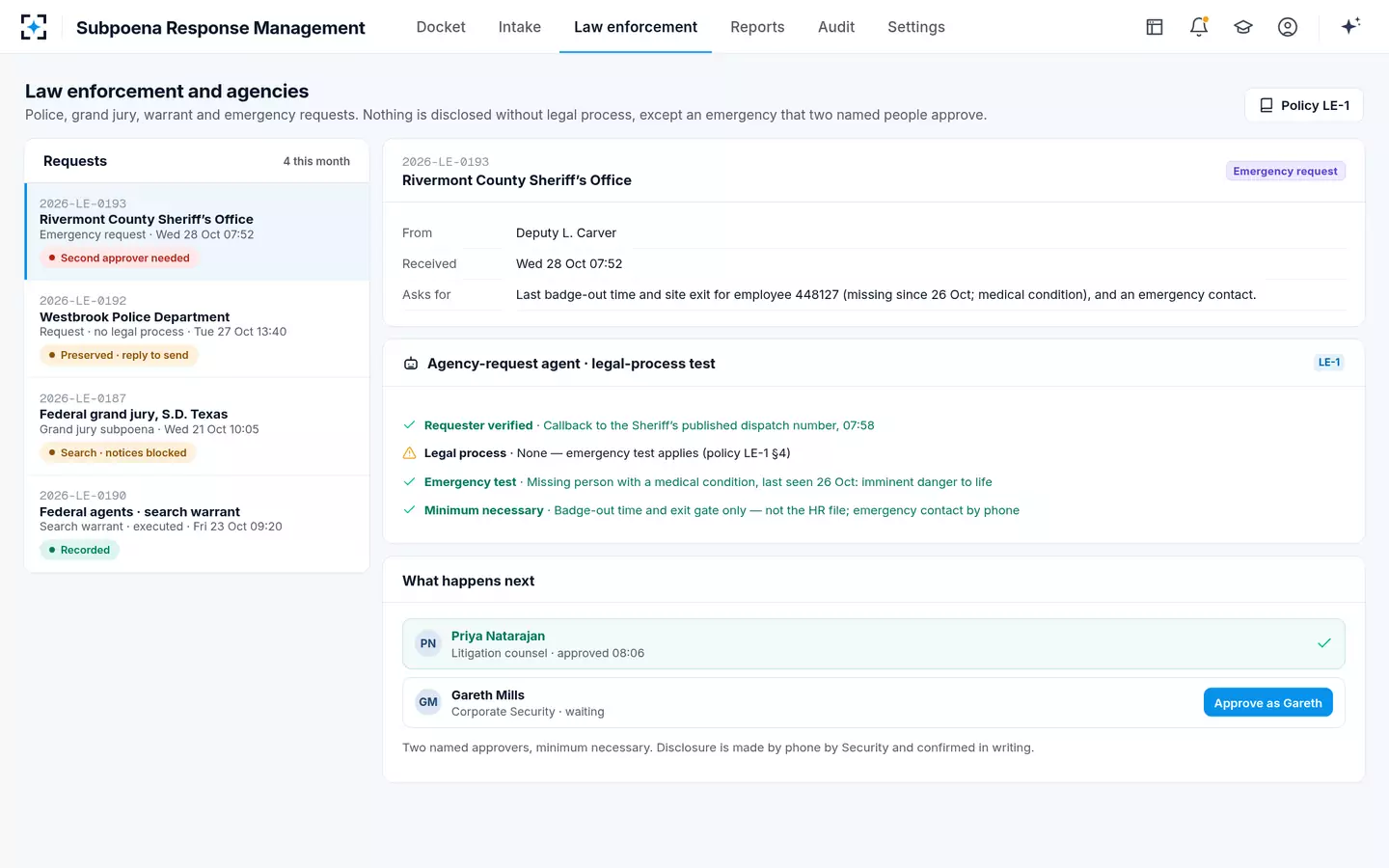 Subpoena Response Management — Law enforcement and agencies