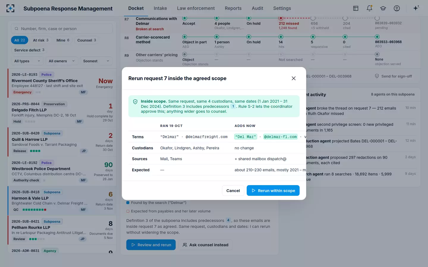 Subpoena Response Management — Rerun inside the agreed scope