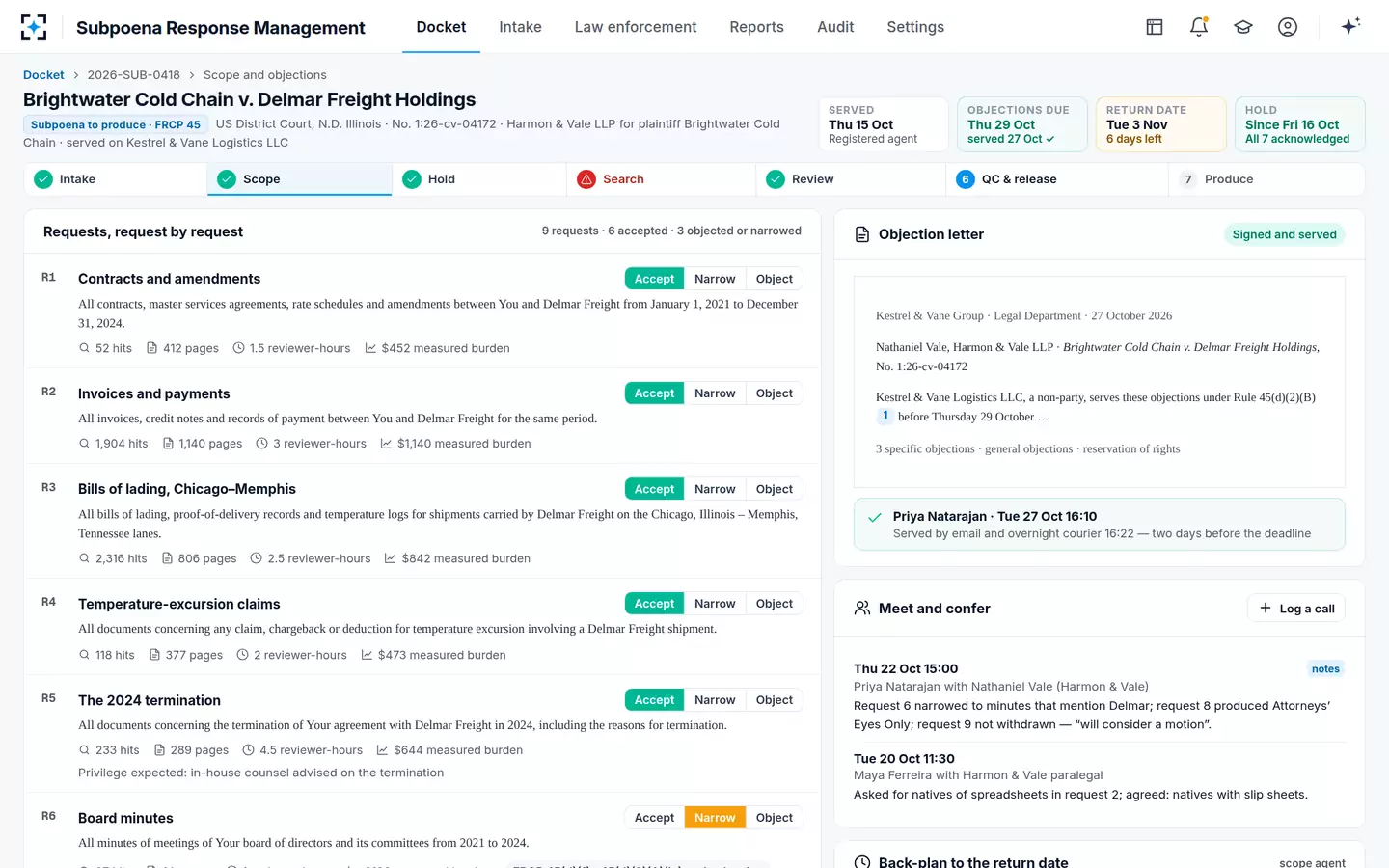 Subpoena Response Management — Scope and objections