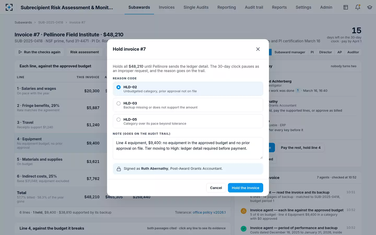 Subrecipient Risk Assessment & Monitoring — Holding a payment takes a reason code