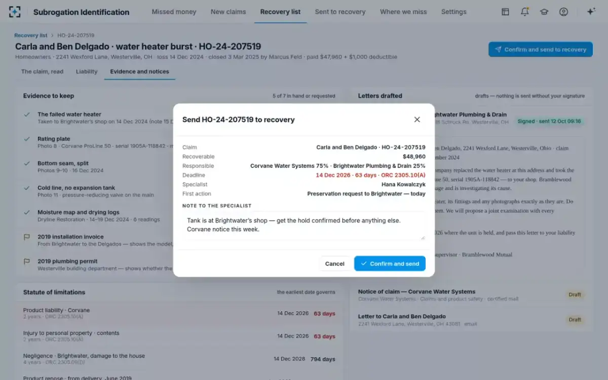 Subrogation Identification — Confirm and send to recovery