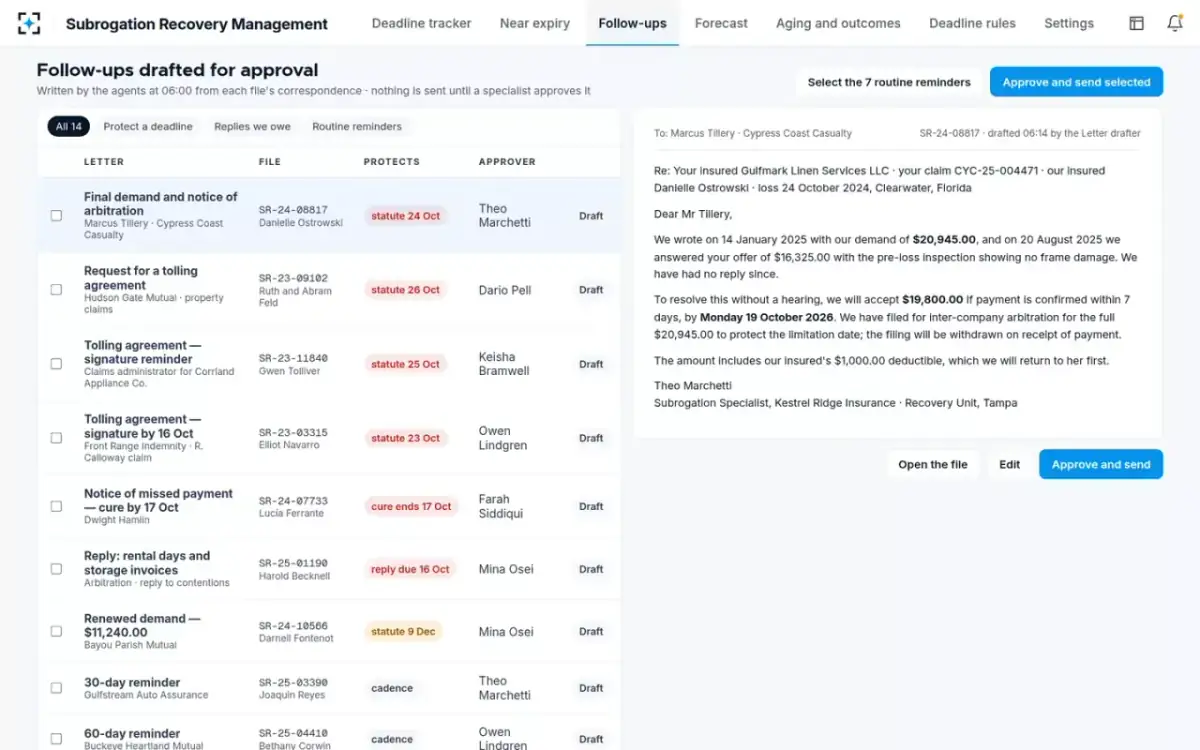 Subrogation Recovery Management — Follow-ups for approval