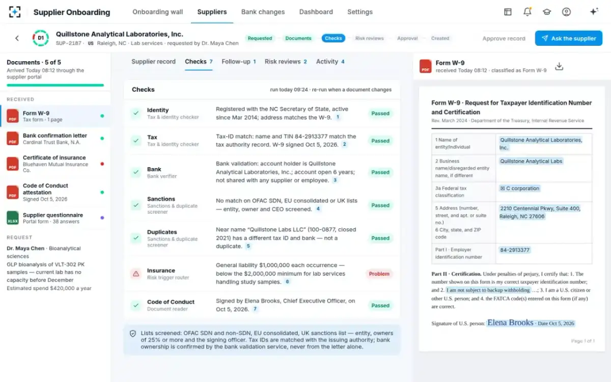 Supplier Onboarding — Seven checks, each with its source