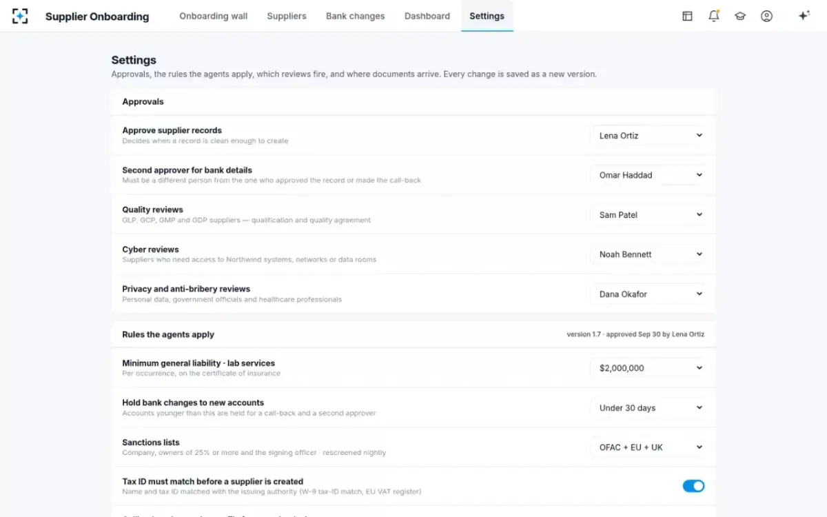 Supplier Onboarding — Your rules