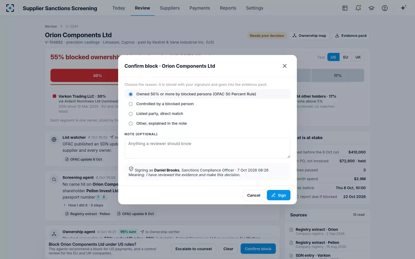 Supplier Sanctions Screening — Confirm and sign