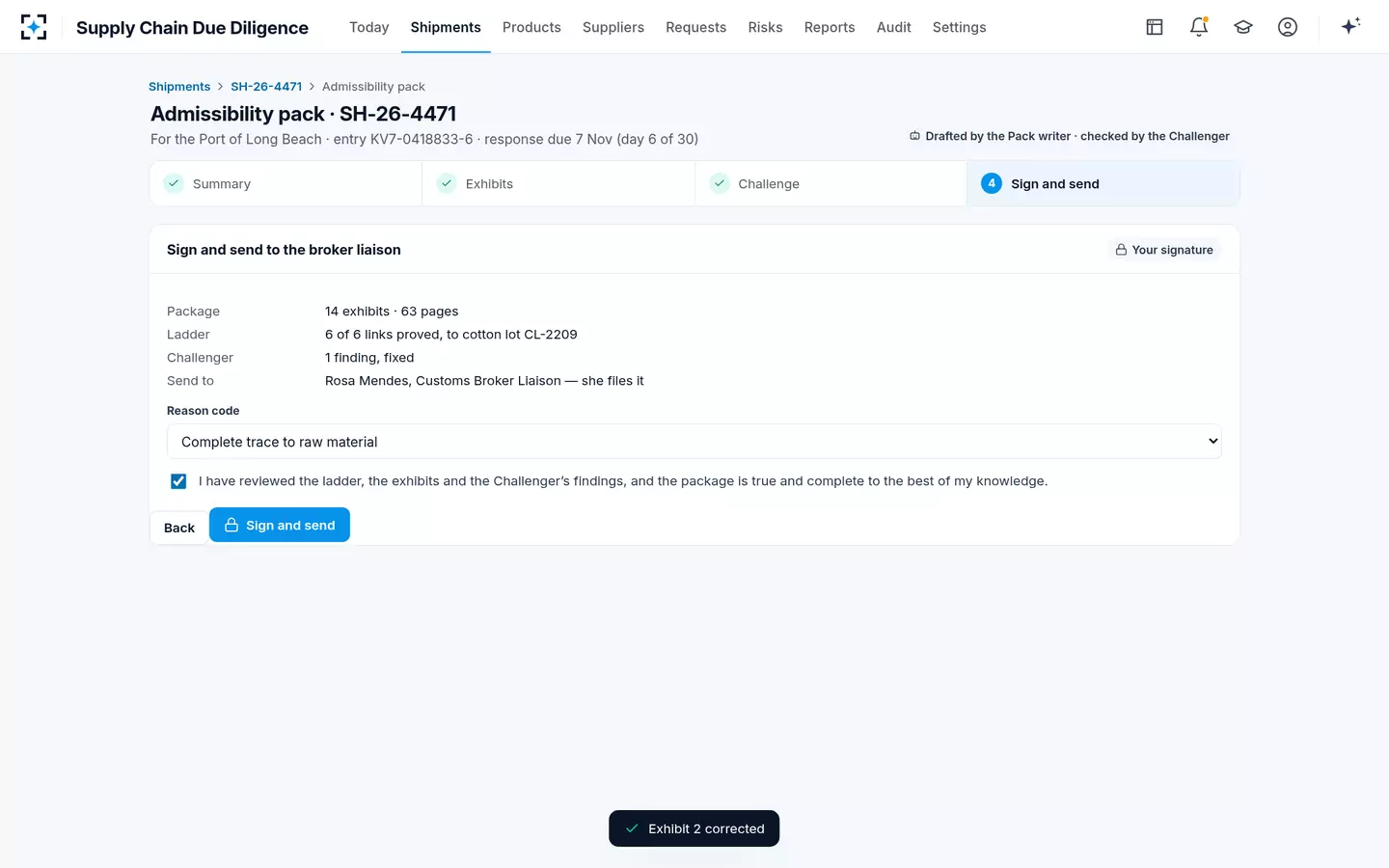 Supply Chain Due Diligence — Sign and send