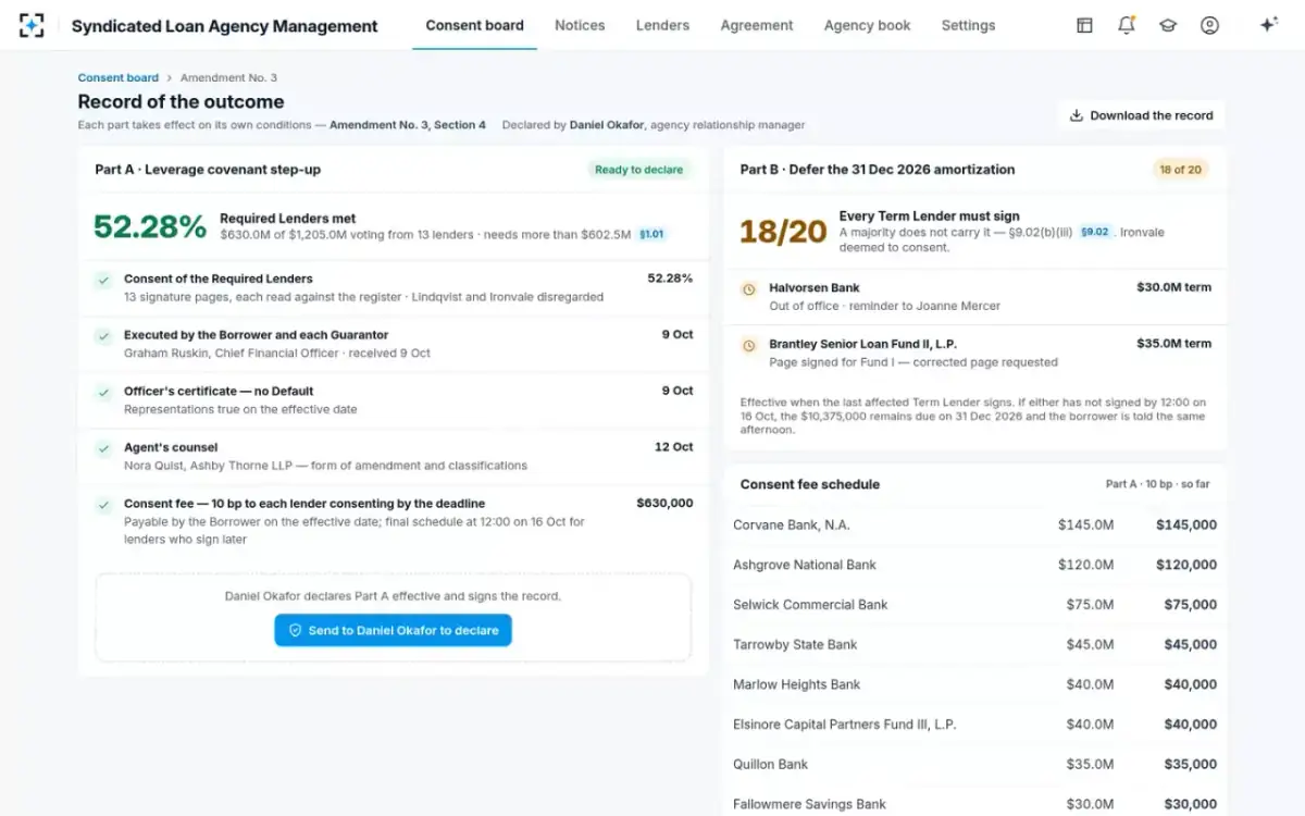 Syndicated Loan Agency Management — Record of the outcome