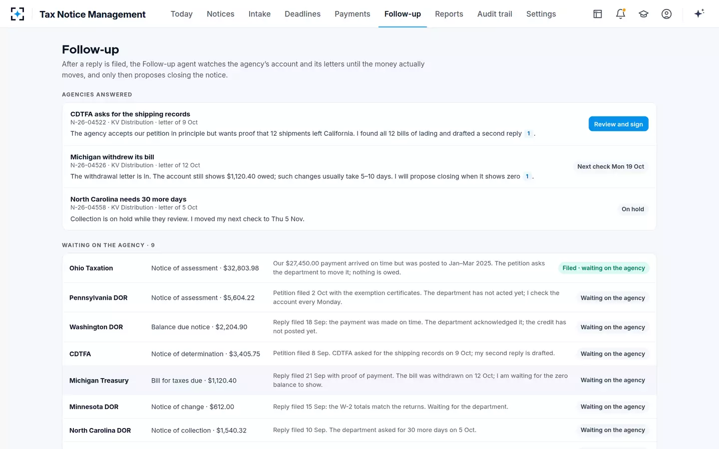 Tax Notice Management — Follow-up