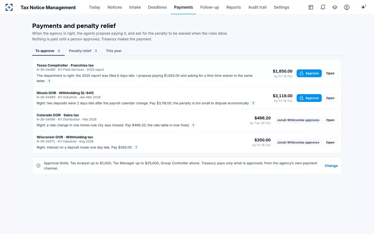 Tax Notice Management — Payments and penalty relief