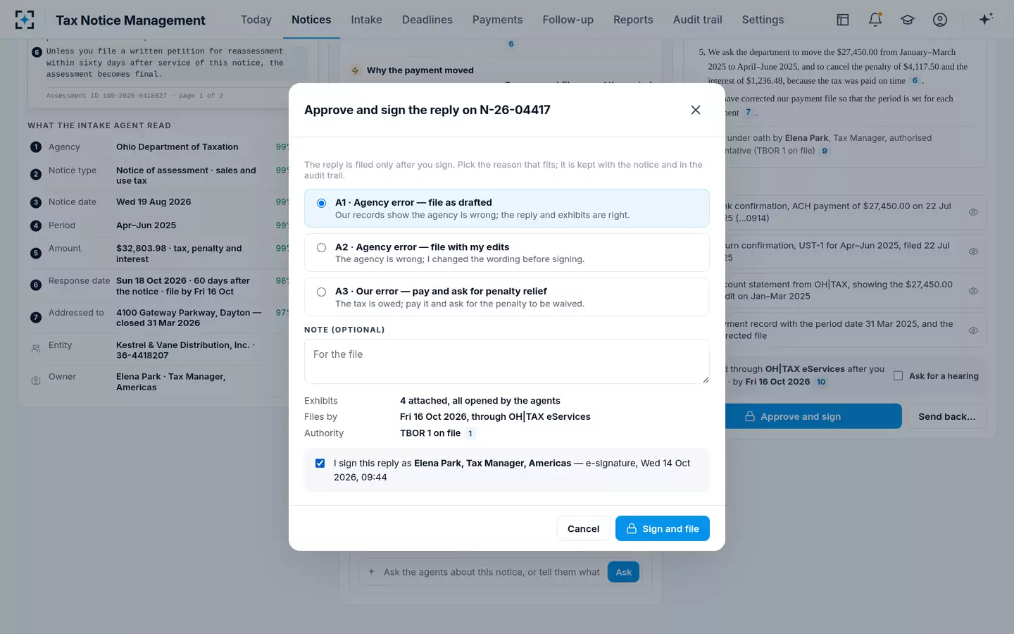 Tax Notice Management — Approve and sign