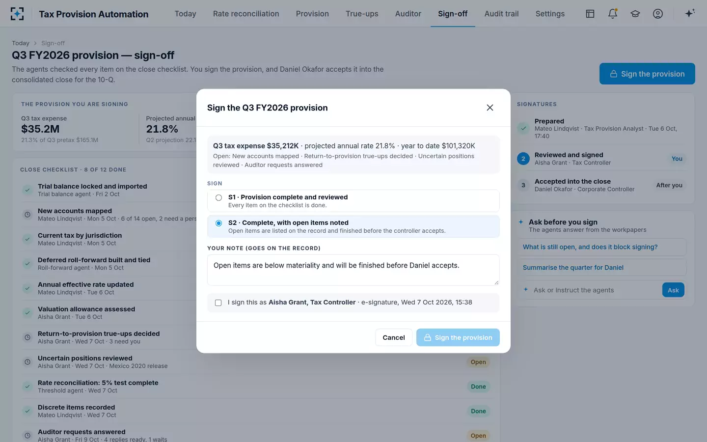 Tax Provision Automation — Sign the provision