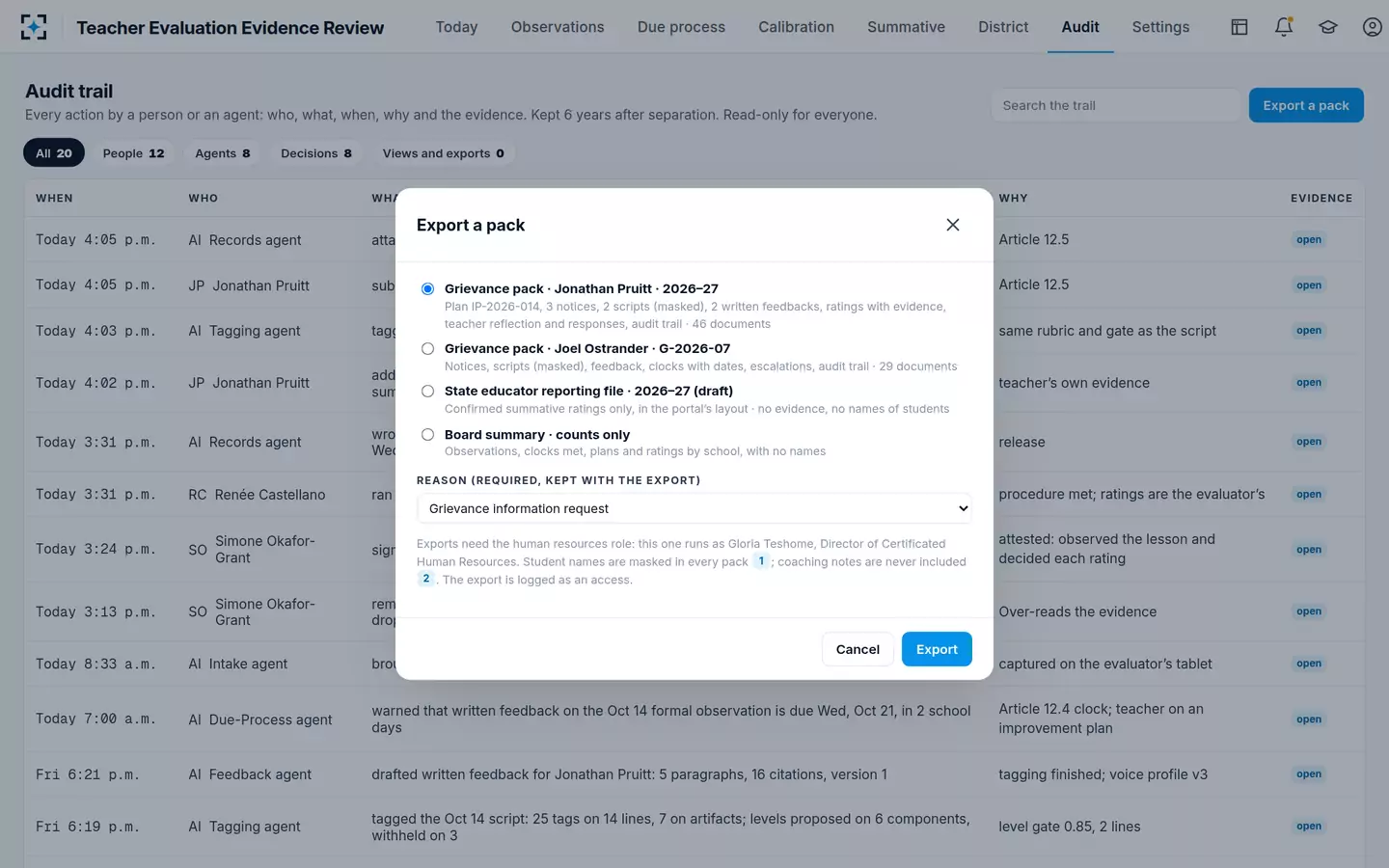 Teacher Evaluation Evidence Review — A complete audit trail and export packs