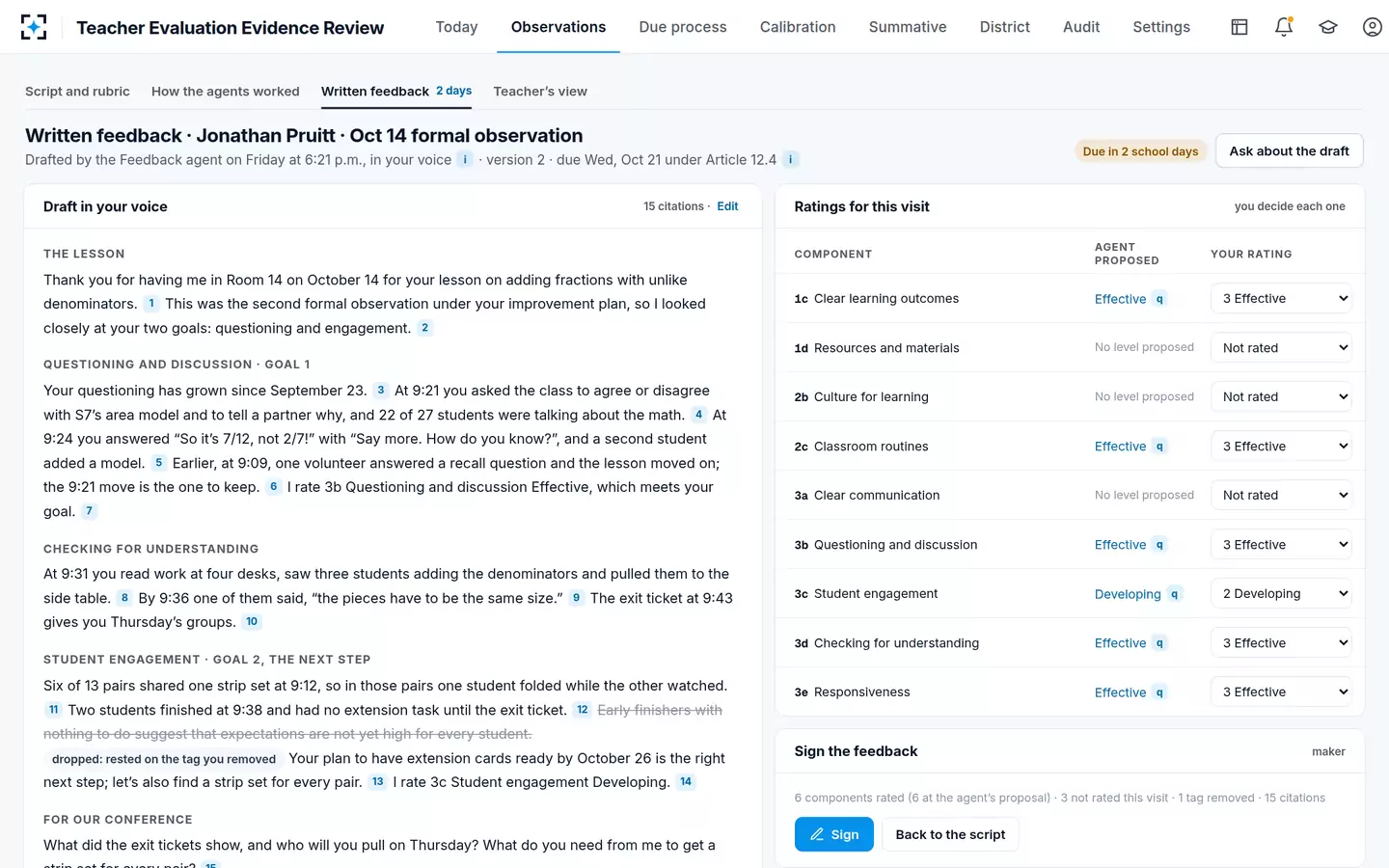 Teacher Evaluation Evidence Review — Teacher observation feedback in the evaluator's voice, every sentence cited