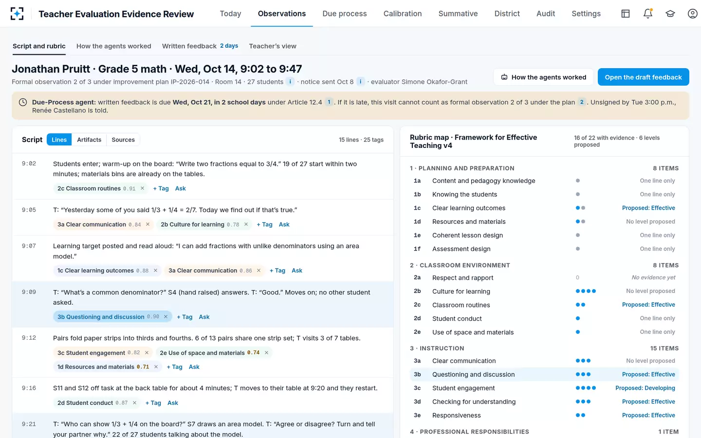 Teacher Evaluation Evidence Review — The teacher observation script beside the rubric map