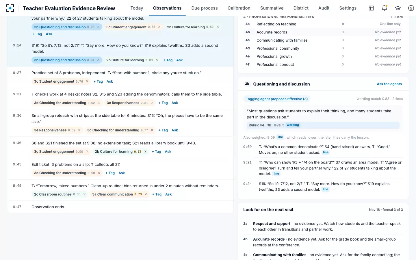 Teacher Evaluation Evidence Review — A level only where the teacher evaluation rubric's own wording fits