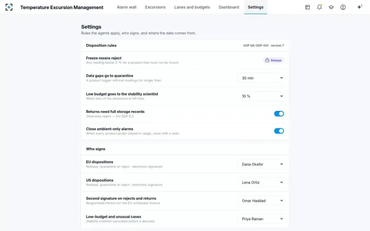 Temperature Excursion Management — Your rules