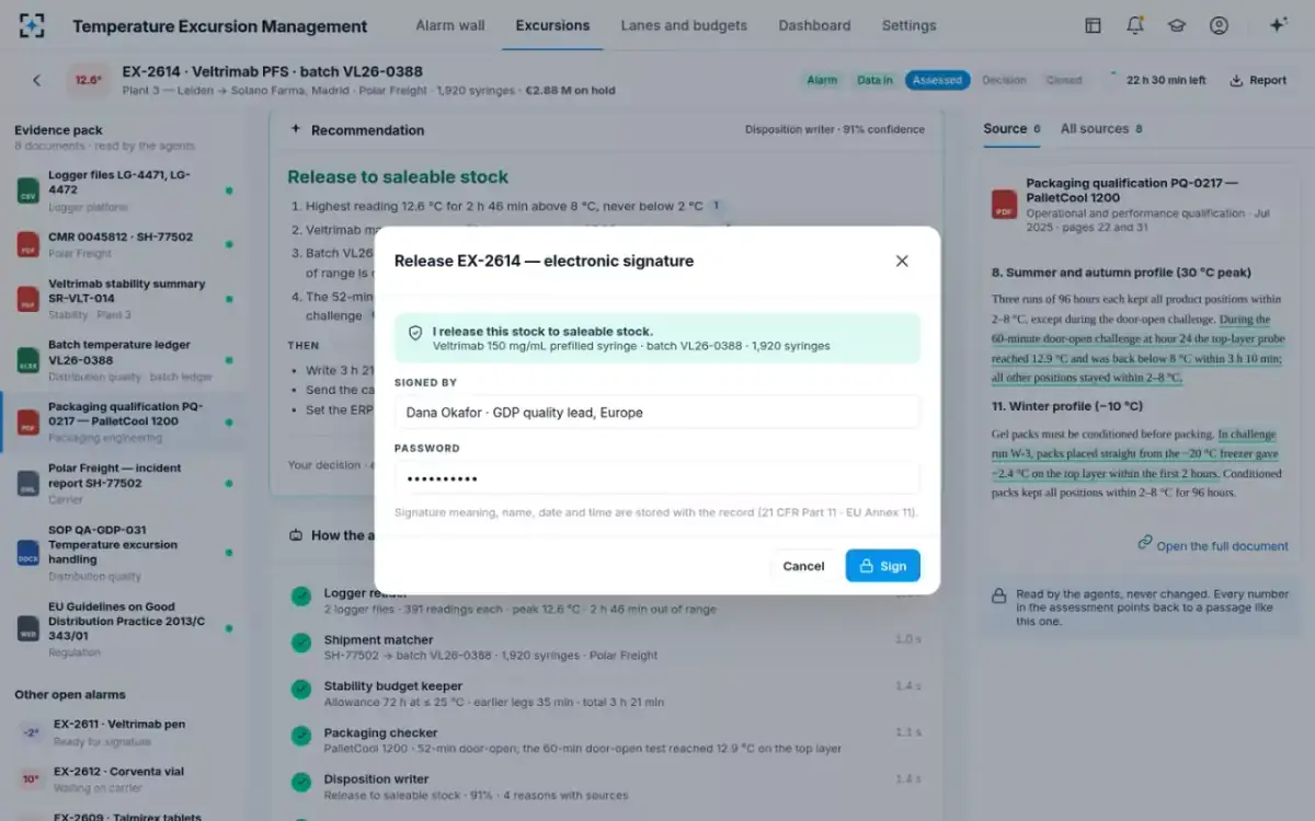 Temperature Excursion Management — Electronic signature