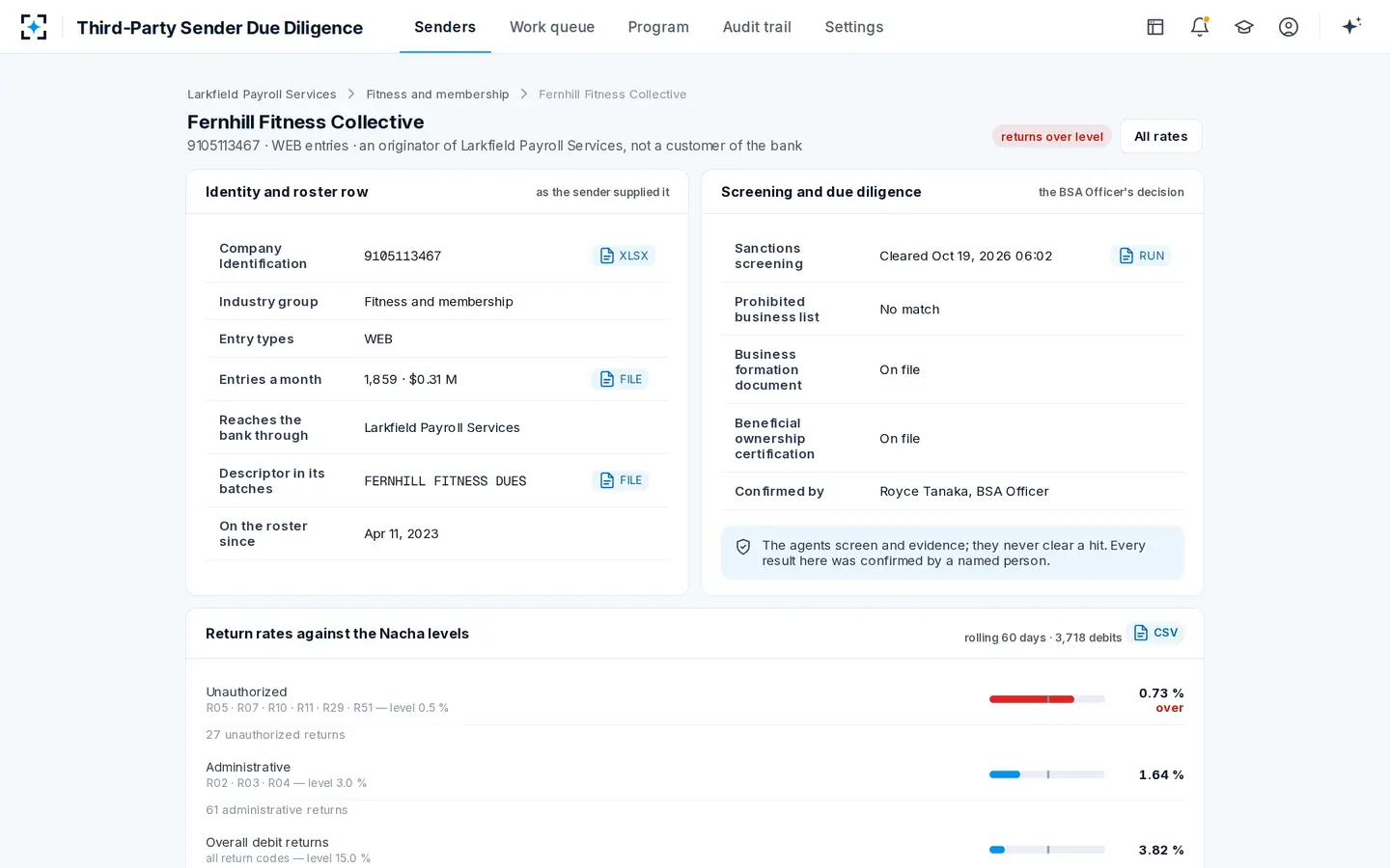 Third-Party Sender Due Diligence — One originator, all of its evidence