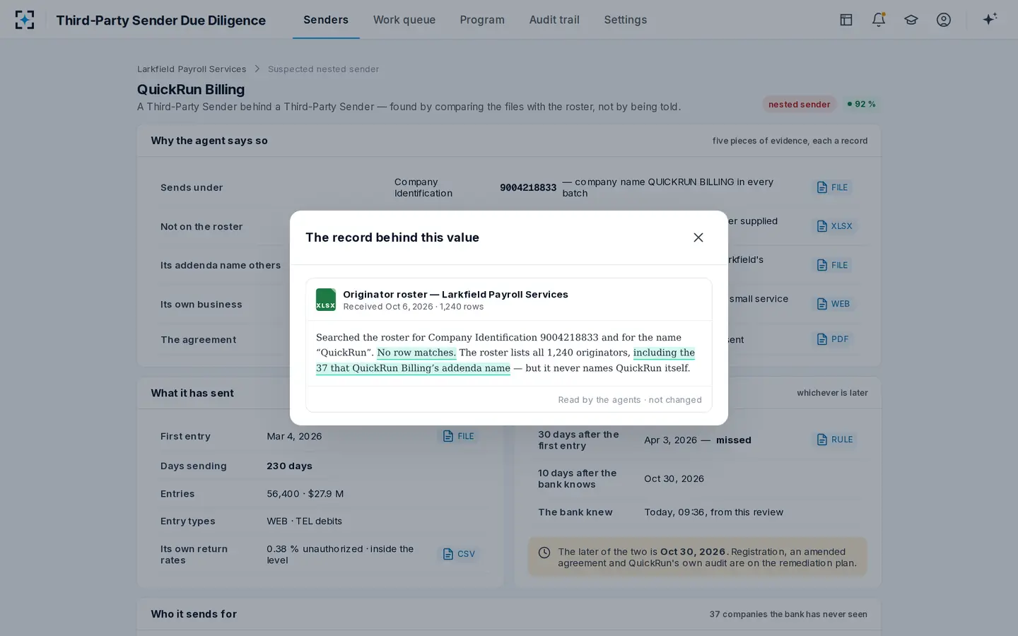 Third-Party Sender Due Diligence — Click any value and read the record