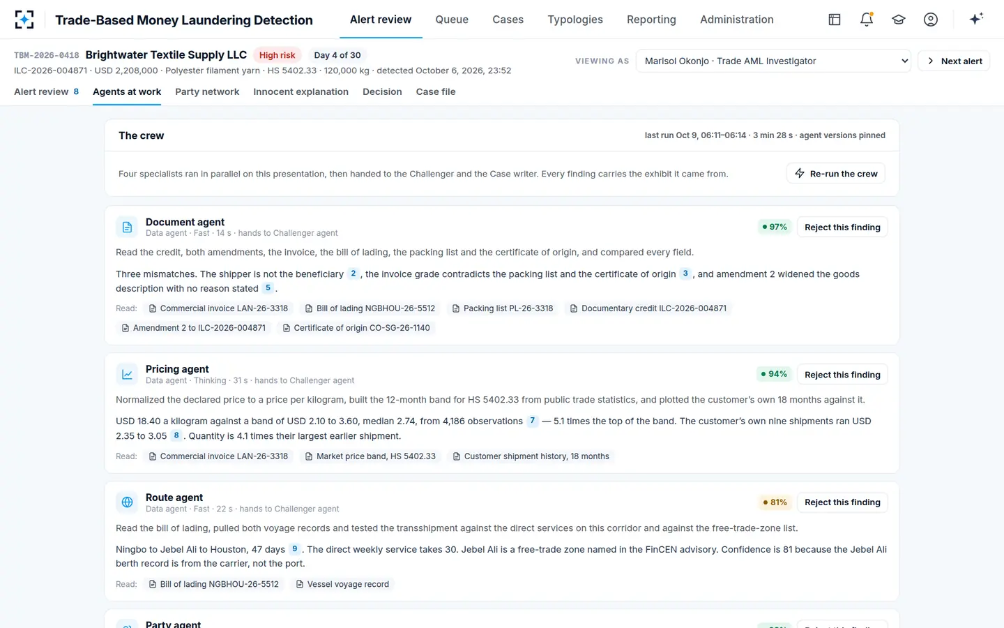 Trade-Based Money Laundering Detection — Four specialists in parallel