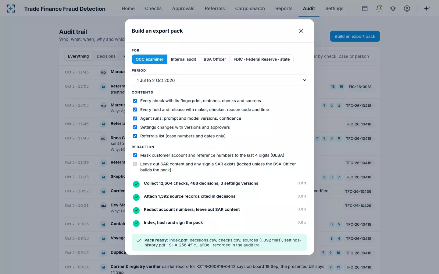 Trade Finance Fraud Detection — Audit trail and export pack