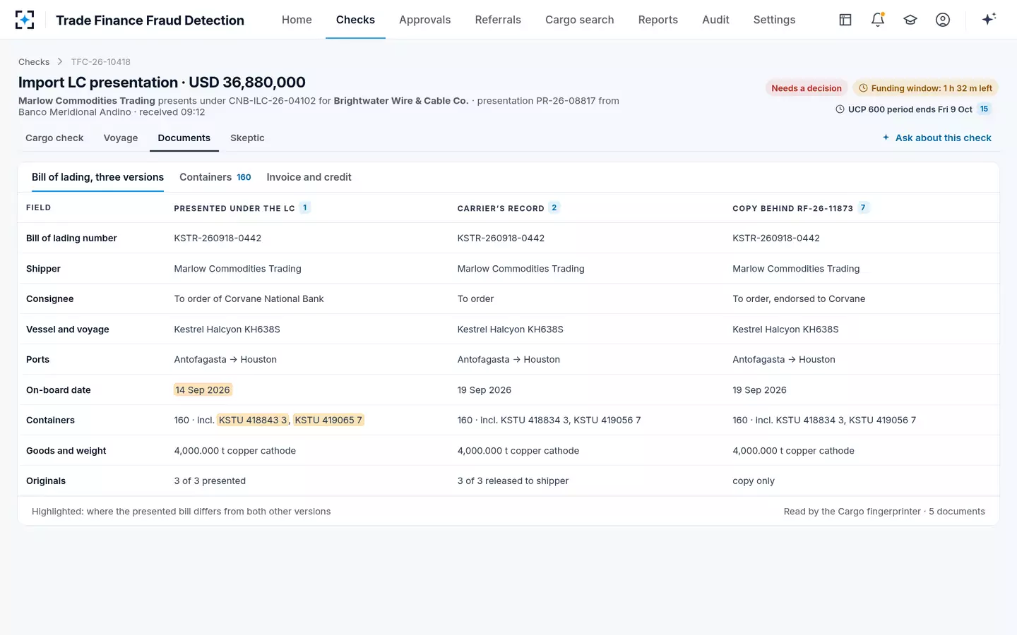 Trade Finance Fraud Detection — One bill, three versions