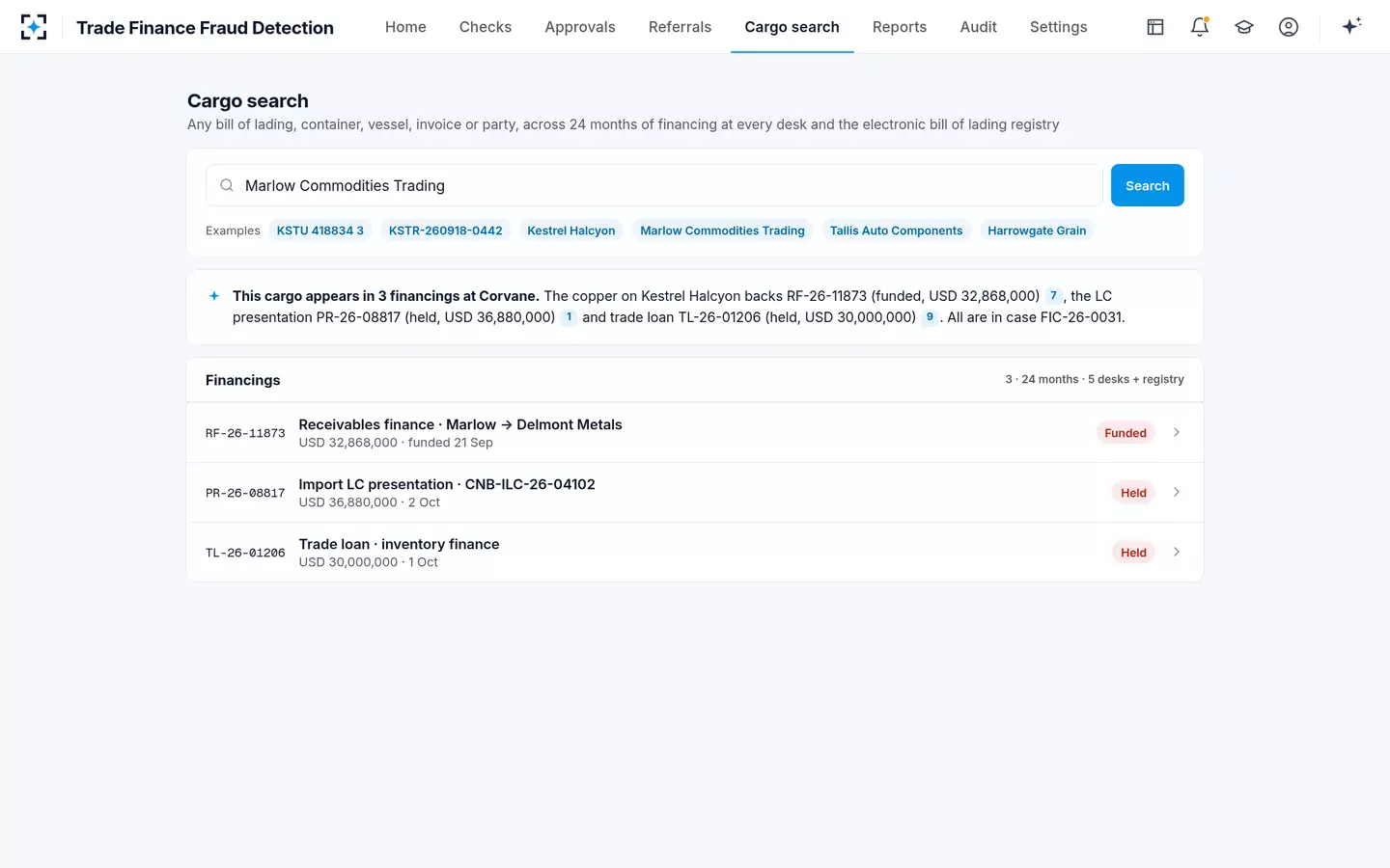 Trade Finance Fraud Detection — Cargo search