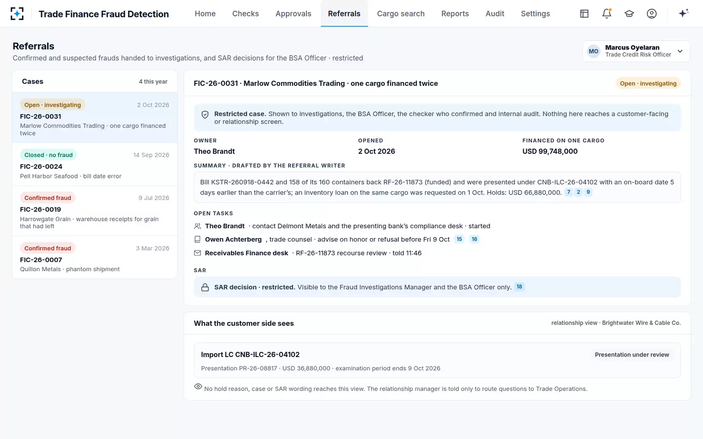 Trade Finance Fraud Detection — Fraud case and SAR referral