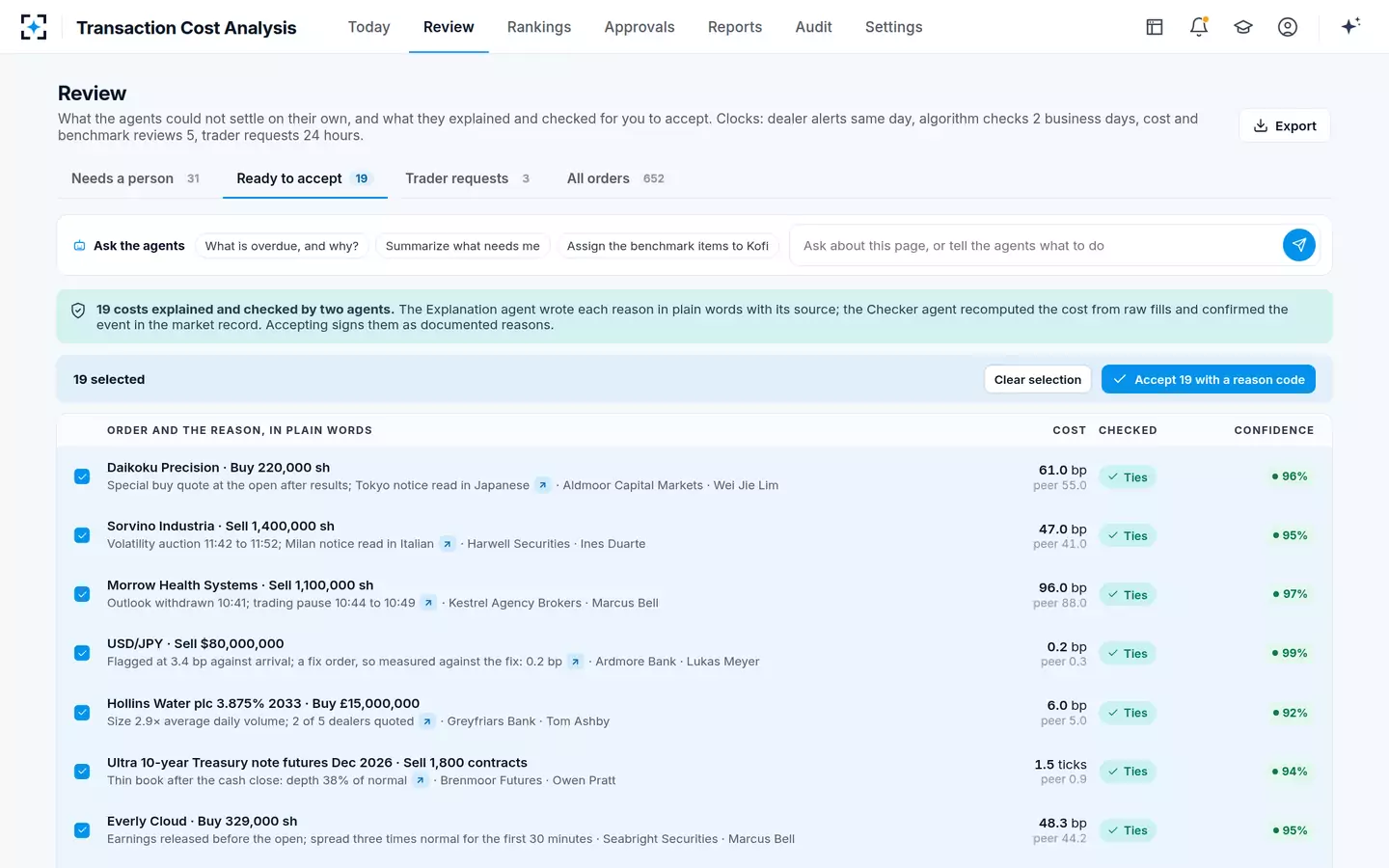 Transaction Cost Analysis — Accept checked explanations in bulk