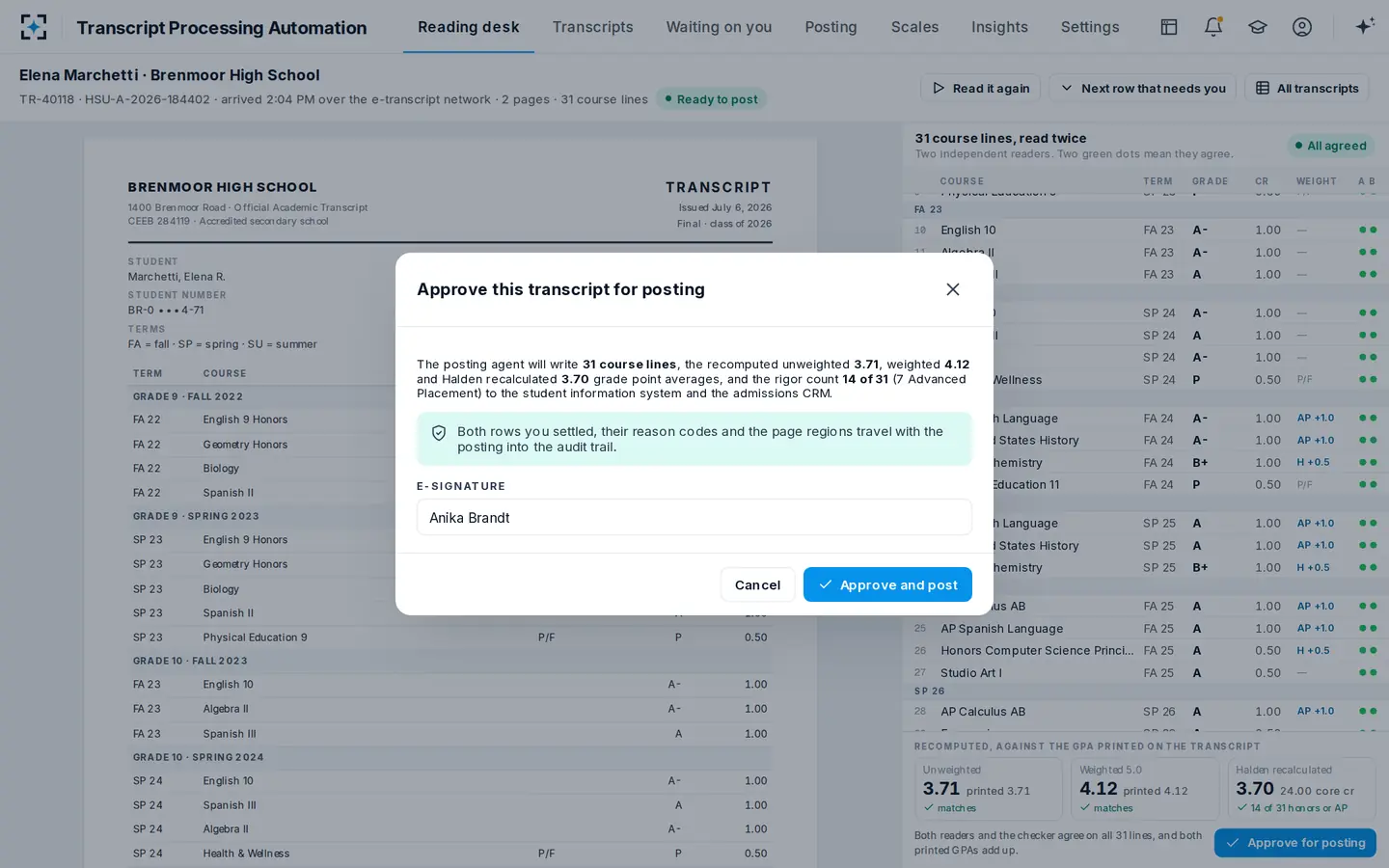 Transcript Processing Automation — Nothing reaches the student record until a named person approves it