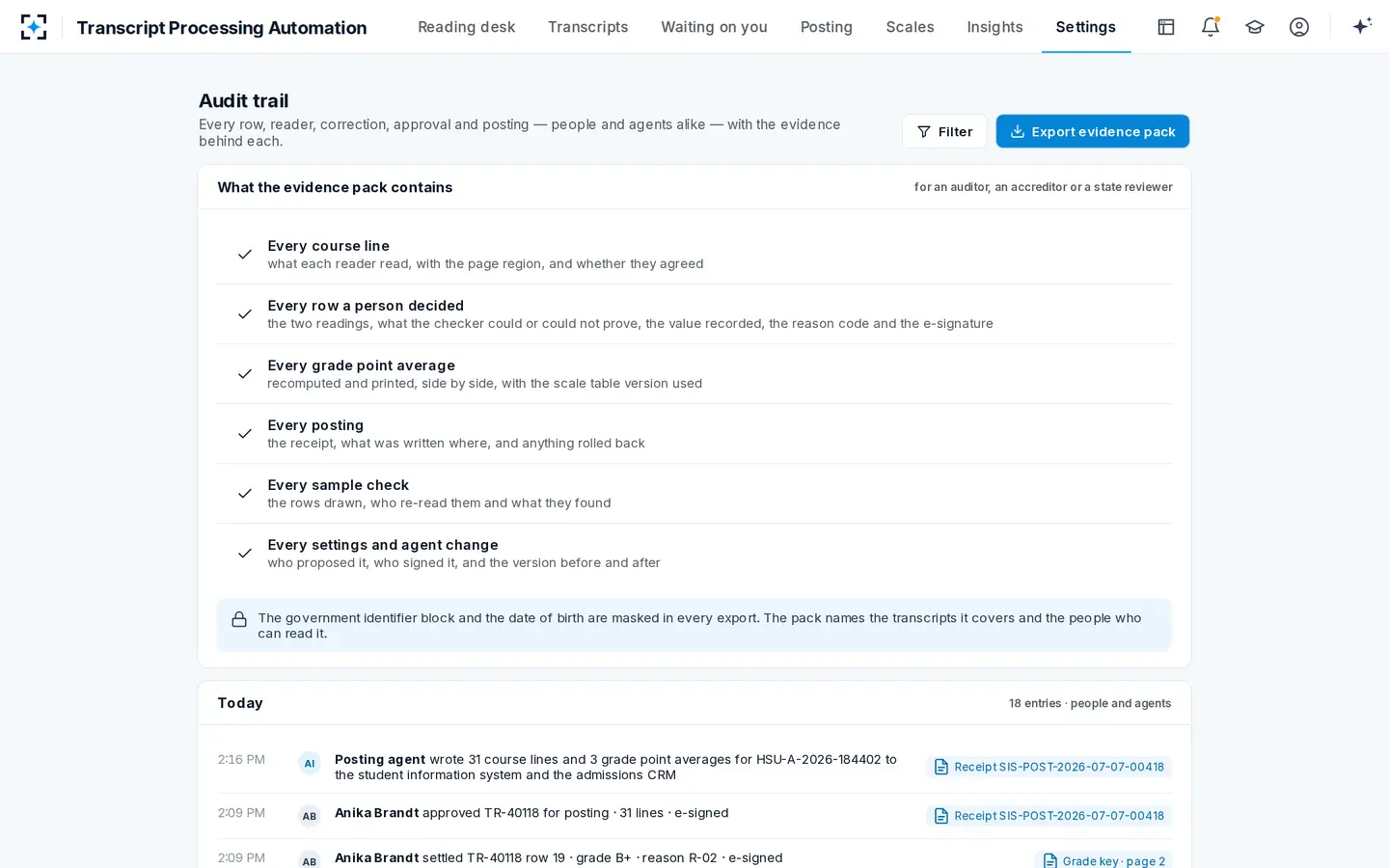 Transcript Processing Automation — Every row, reader, correction and posting — with the evidence behind it