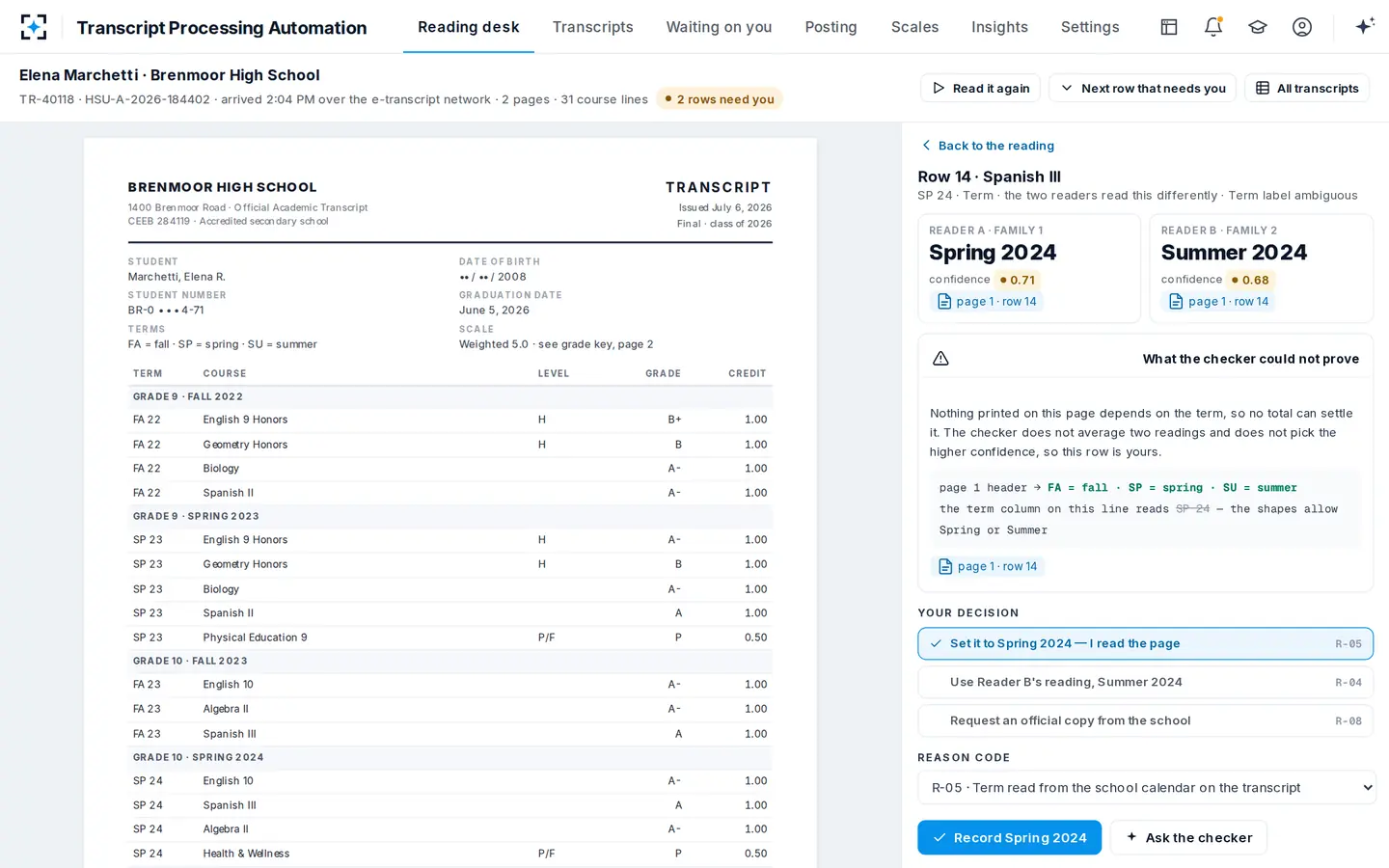 Transcript Processing Automation — When it cannot prove it, the checker says so and hands the row over