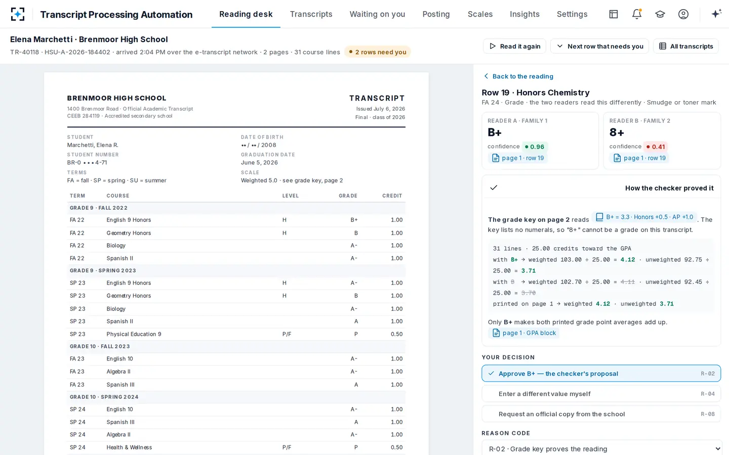 Transcript Processing Automation — The checker shows its arithmetic, not its confidence