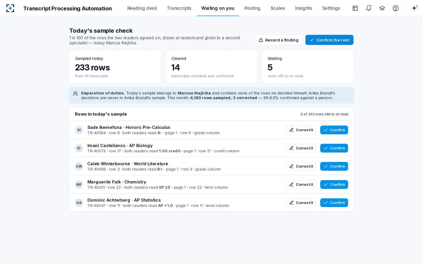 Transcript Processing Automation — A second specialist re-reads a random sample of the rows the agents agreed on