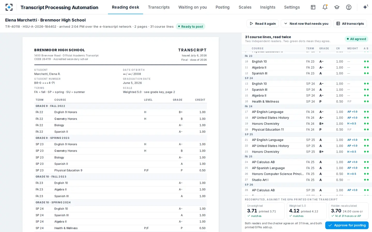 Transcript Processing Automation — All 31 lines green, and the recomputed GPA matches the printed GPA