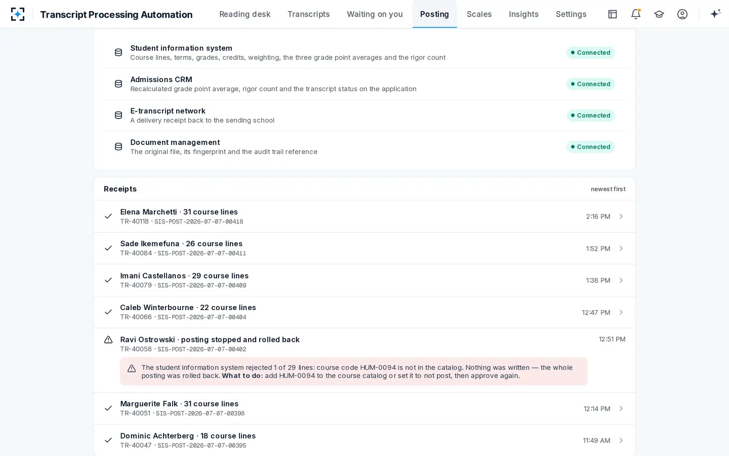 Transcript Processing Automation — What a posting writes, and what happens when a write fails