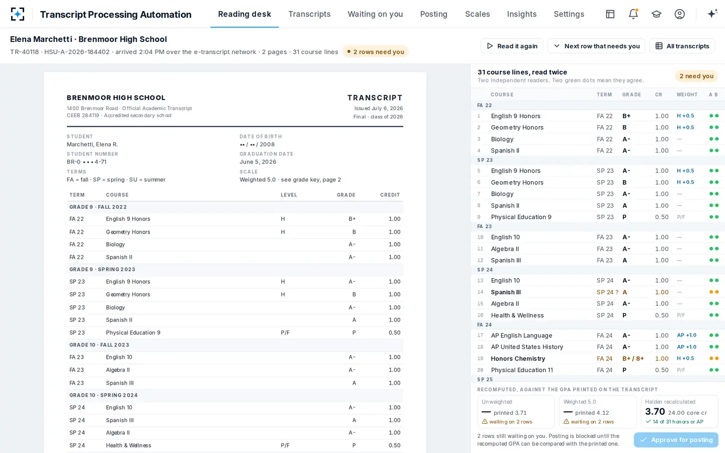 Transcript Processing Automation — Every course line read twice, with the transcript beside it