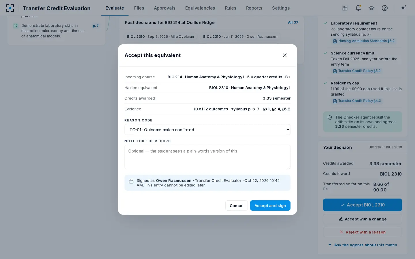Transfer Credit Evaluation — A person accepts, with a reason code and a signature