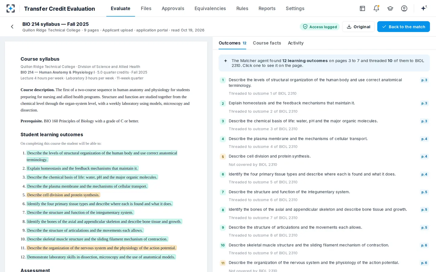 Transfer Credit Evaluation — Every thread opens the syllabus page it came from