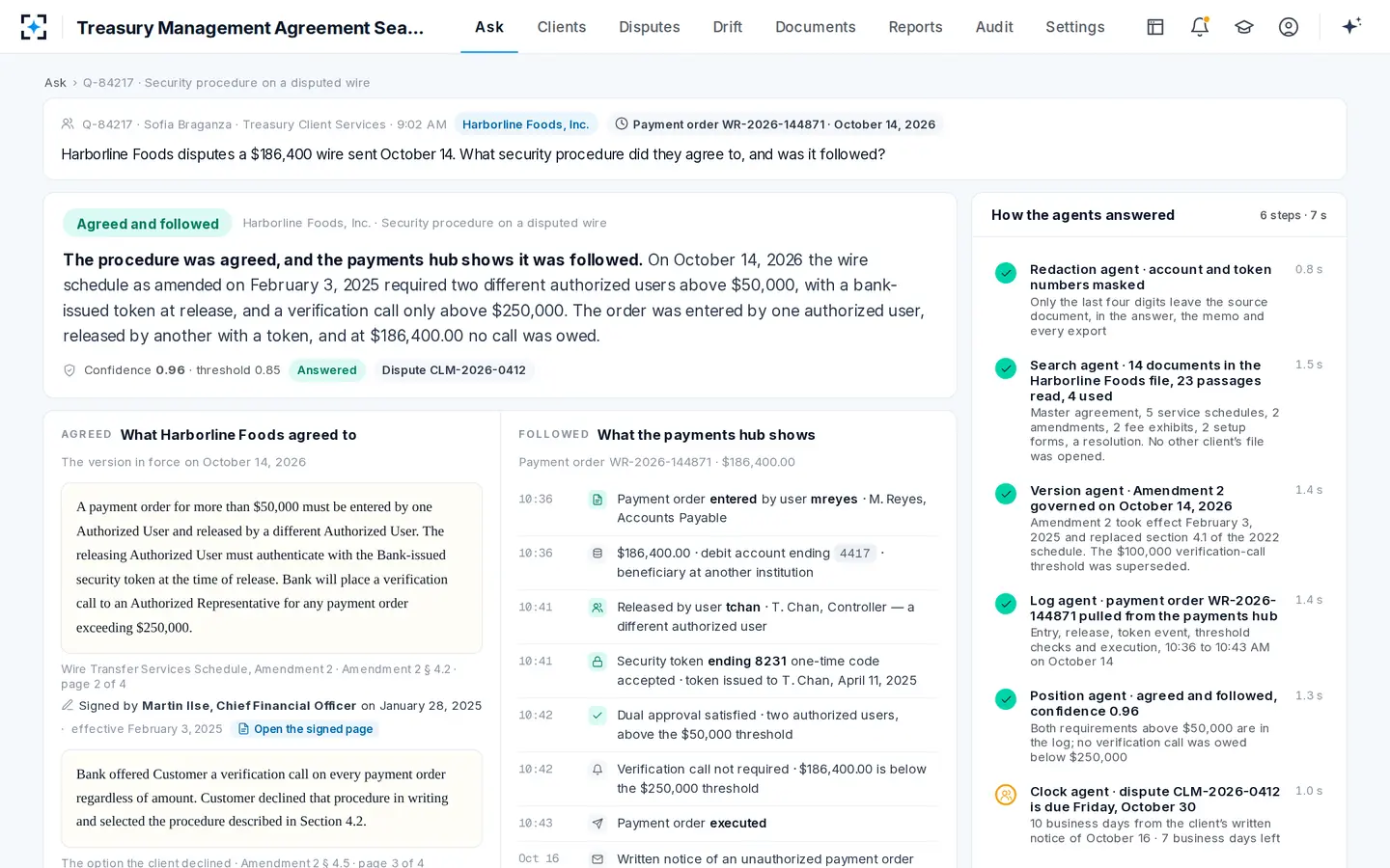 Treasury Management Agreement Search — The treasury management agreement on one side, the payments hub on the other