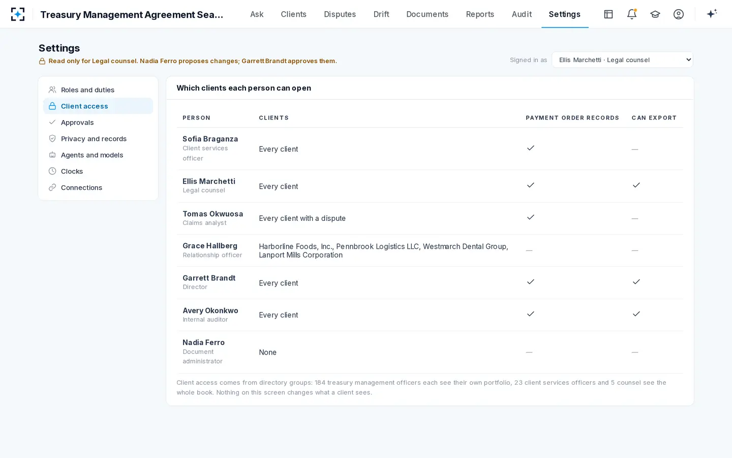 Treasury Management Agreement Search — Who may open which clients, and who may export