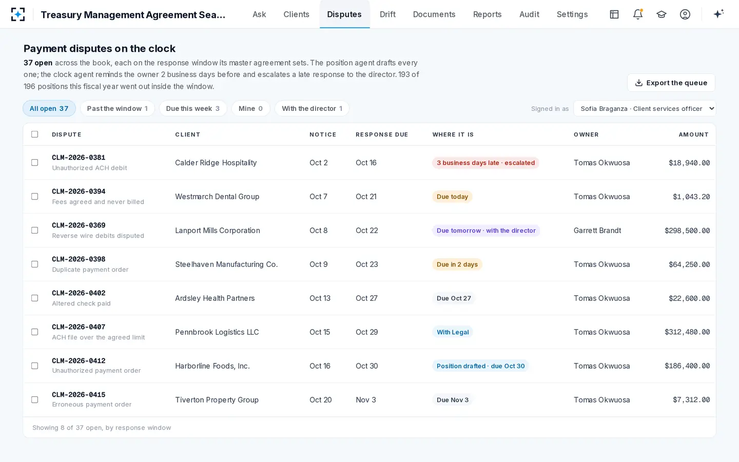 Treasury Management Agreement Search — Every payment dispute on the window its agreement sets