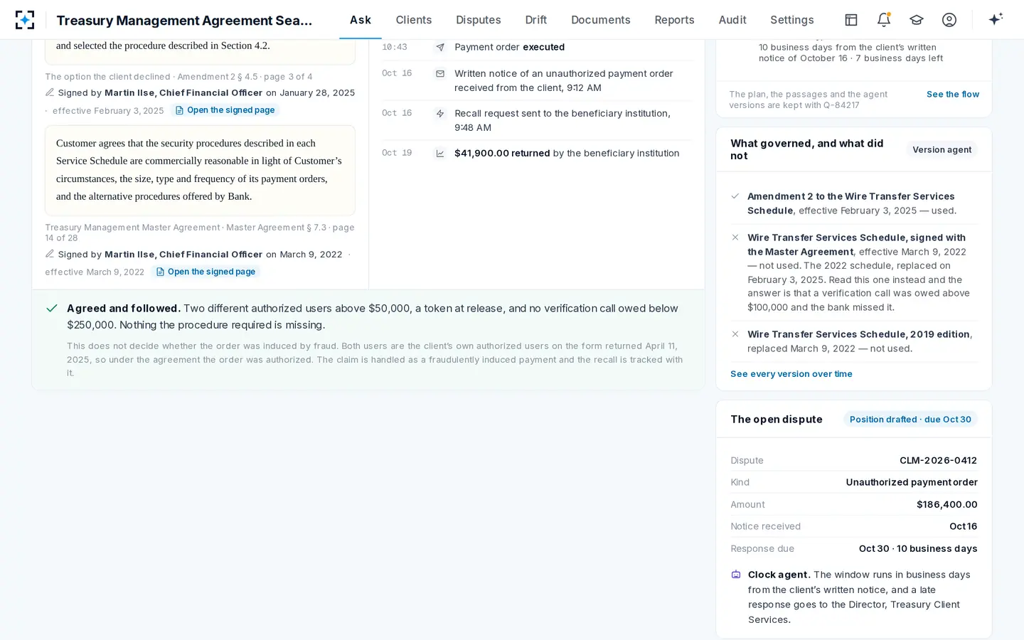Treasury Management Agreement Search — One line on whether they match, and the version the answer did not use