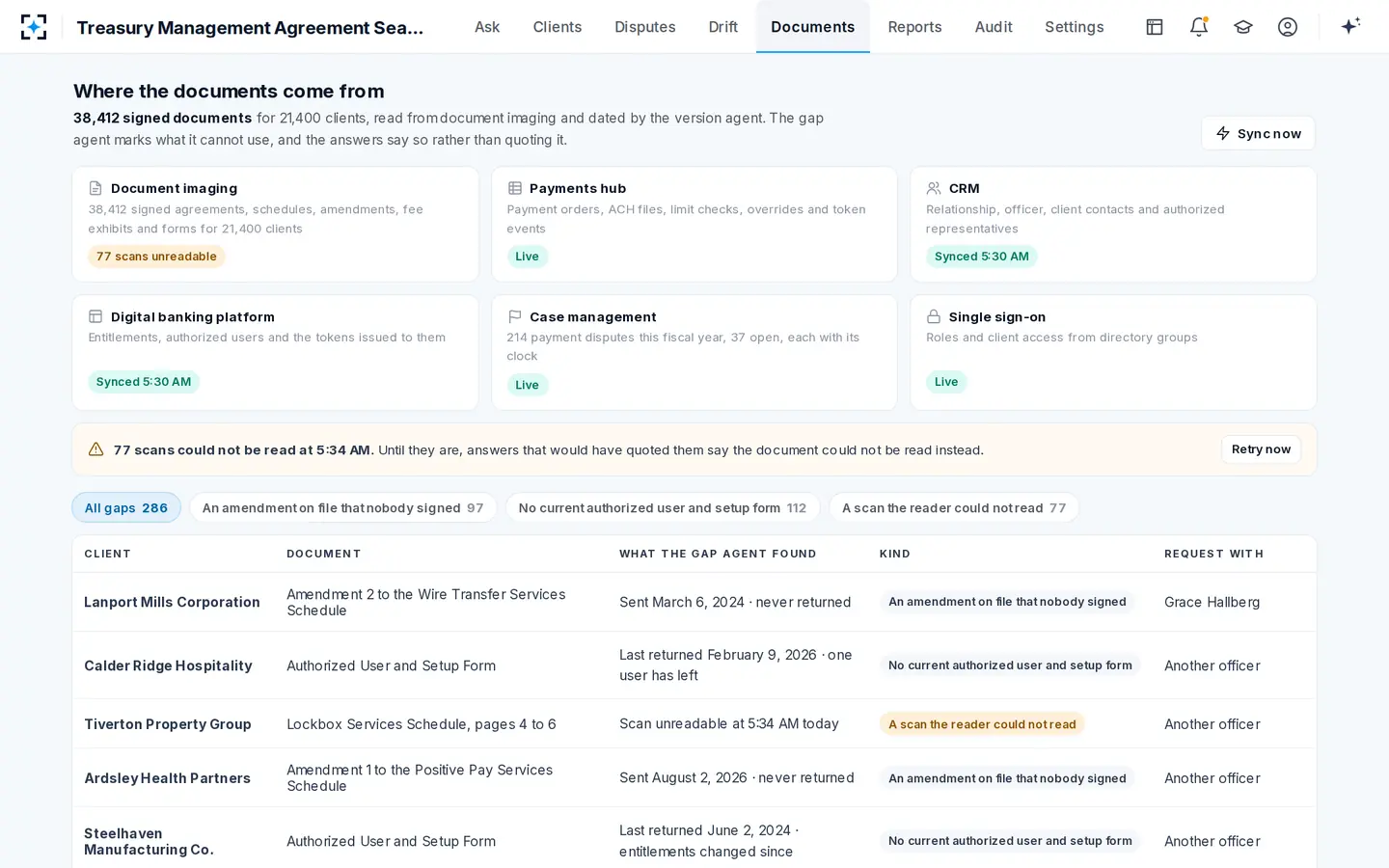 Treasury Management Agreement Search — Where the documents come from, and what the agents will not quote