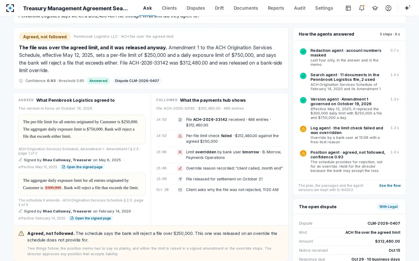 Treasury Management Agreement Search — When the two sides do not match, the answer says so