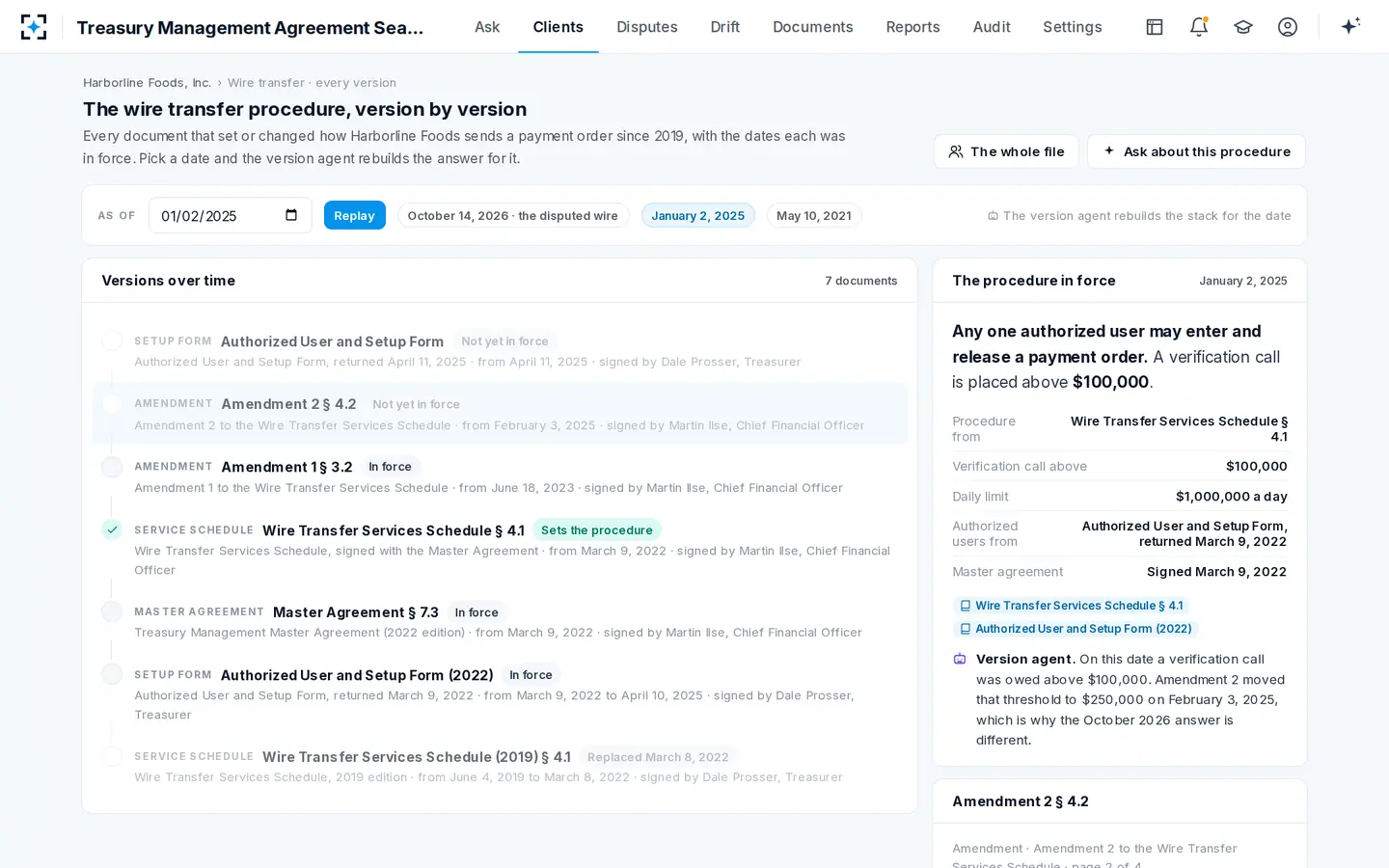 Treasury Management Agreement Search — Which version applied on any date you pick