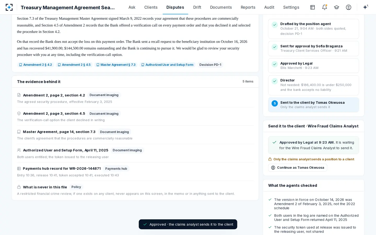 Treasury Management Agreement Search — The officer sends it, Legal approves, only the claims analyst delivers