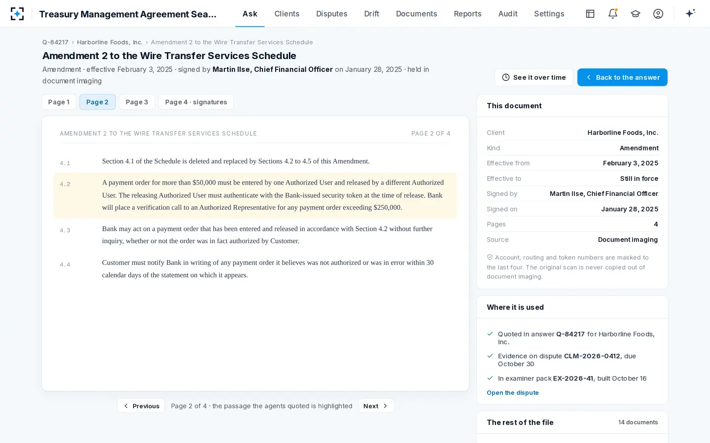 Treasury Management Agreement Search — Every quote opens the scanned page it was signed on