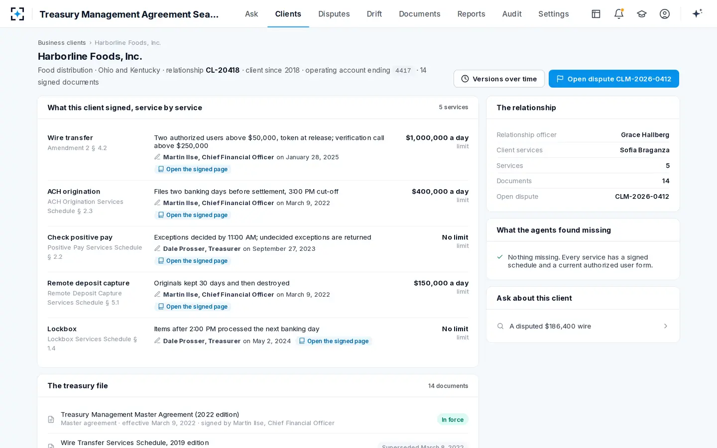 Treasury Management Agreement Search — Everything one client signed, service by service