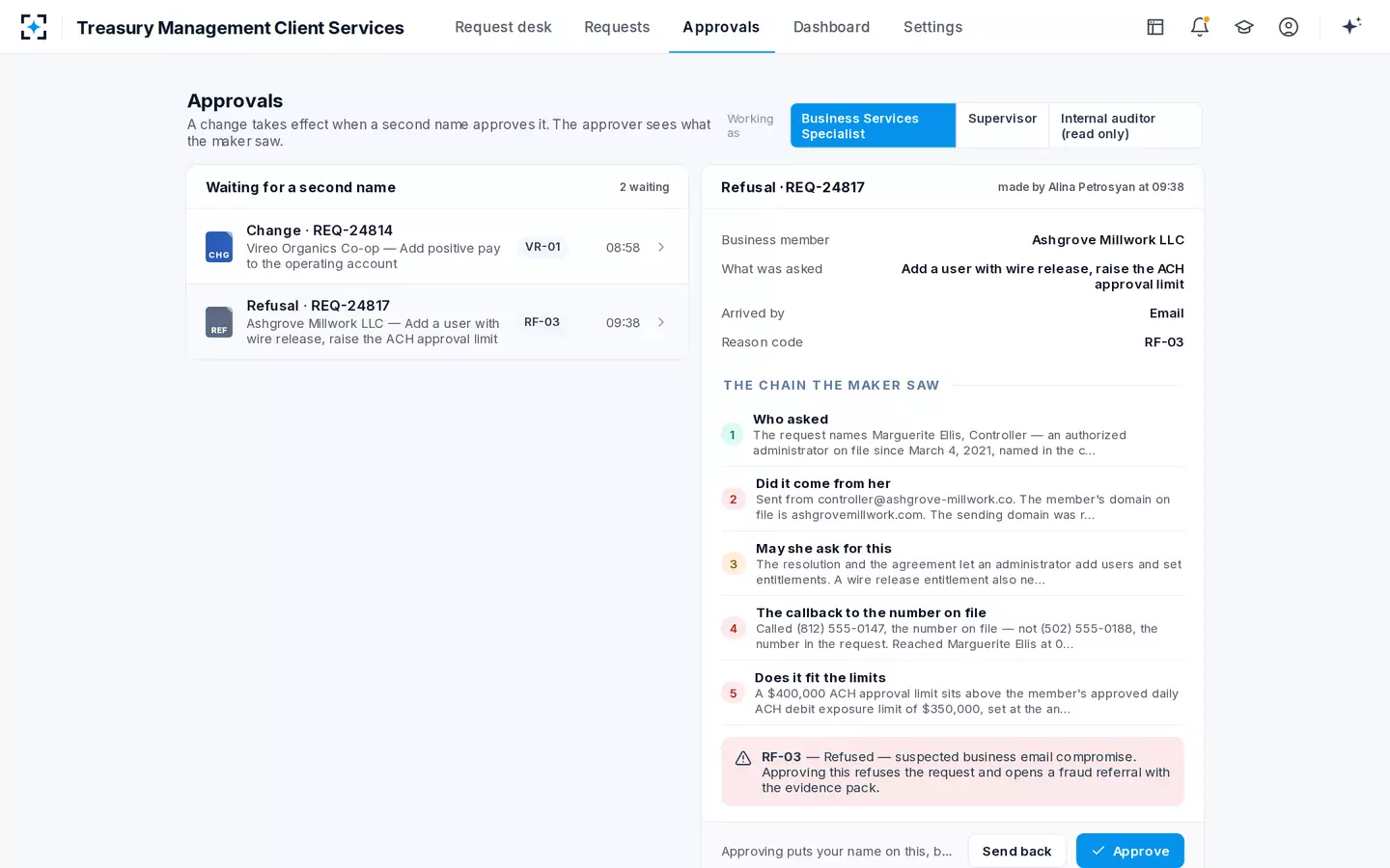 Treasury Management Client Services — A second name on every change